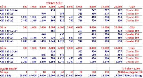 BẢNG GIÁ IN MÀU CÁC LOẠI chỉ từ 187đồng