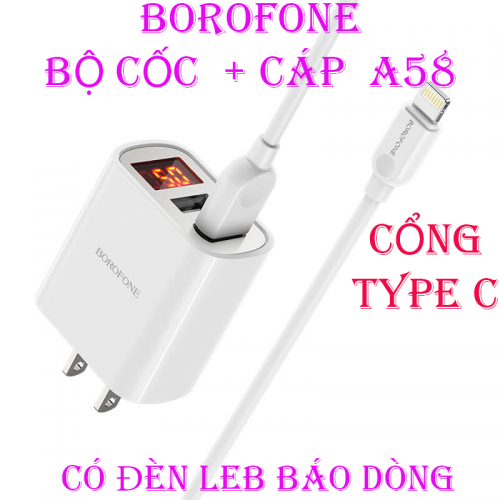 BỘ CỐC + CÁP SẠC BOROFONE BA 58 SẠC NHANH 2 CỔNG USB CỔNG TYPE C