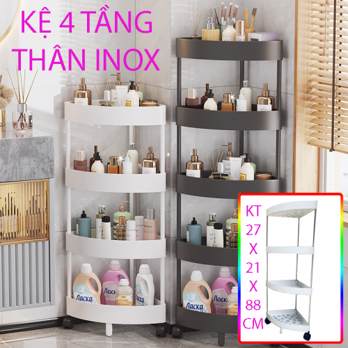 KỆ TAM GIÁC 4 TẦNG CÓ BÁNH XE THÂN INOX - BÈN TIỆN DỤNG